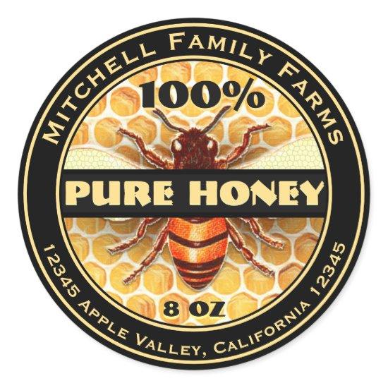 100% Pure Honey Bee Lable Classic Round Sticker