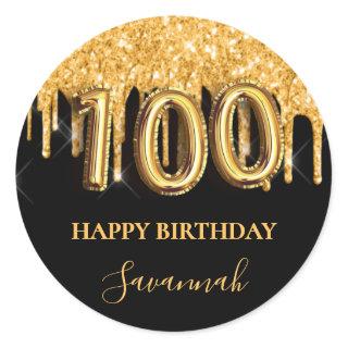 100th birthday black gold glitter balloon party classic round sticker