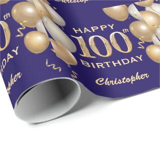 100th Birthday Navy Blue and Gold Glitter Balloons