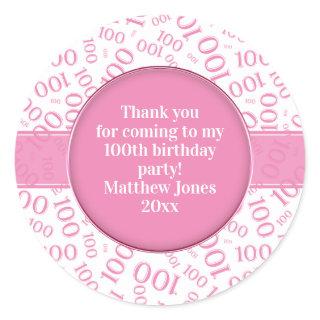 100th Birthday Number Pattern Pink/White Classic Round Sticker
