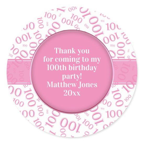 100th Birthday Number Pattern Pink/White Classic Round Sticker
