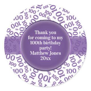100th Birthday Number Pattern Purple/White Classic Round Sticker