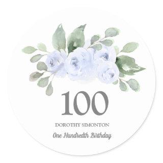 100th Birthday Party Blue Rose Eucalyptus Classic Round Sticker