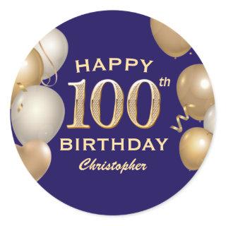 100th Birthday Party Navy Blue and Gold Balloons Classic Round Sticker