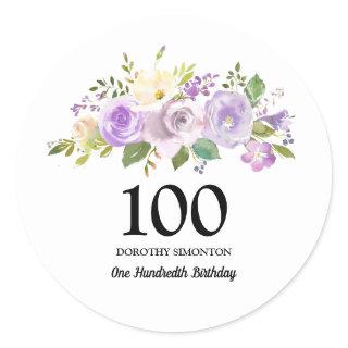 100th Birthday Party Purple Rose Floral Classic Round Sticker
