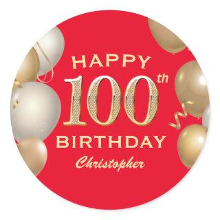 100th Birthday Party Red and Gold Balloons Classic Round Sticker