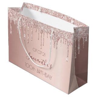 100th birthday rose gold glitter drips large gift bag