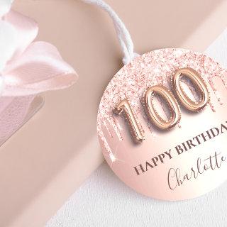 100th birthday rose gold glitter pink balloon text classic round sticker