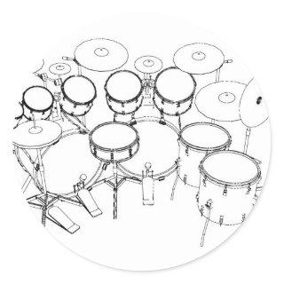 10 Piece Drum Kit: Black & White Drawing: Classic Round Sticker