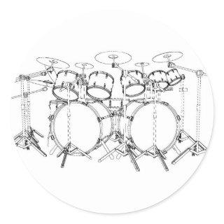 10 Piece Drum Kit: Black & White Drawing: Classic Round Sticker