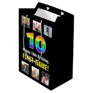 10th Birthday: Rainbow “10“, Custom Photos & Name Medium Gift Bag