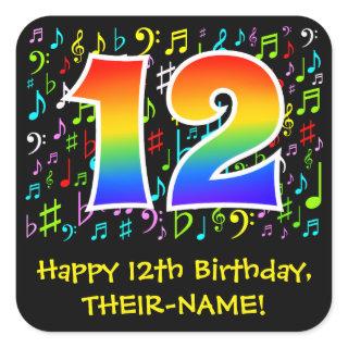 12th Birthday: Colorful Music Symbols, Rainbow 12 Square Sticker