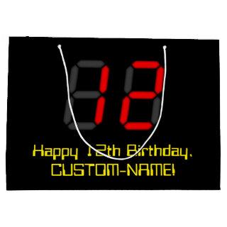 12th Birthday: Red Digital Clock Style "12" + Name Large Gift Bag