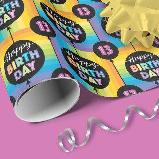 13th Birthday Balloons Rainbow Stripe Checks