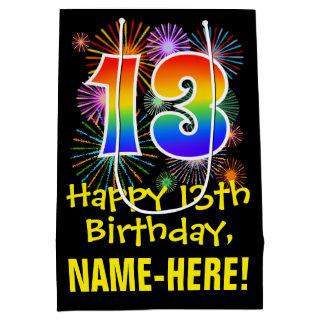 13th Birthday: Fun Fireworks Pattern + Rainbow 13 Medium Gift Bag