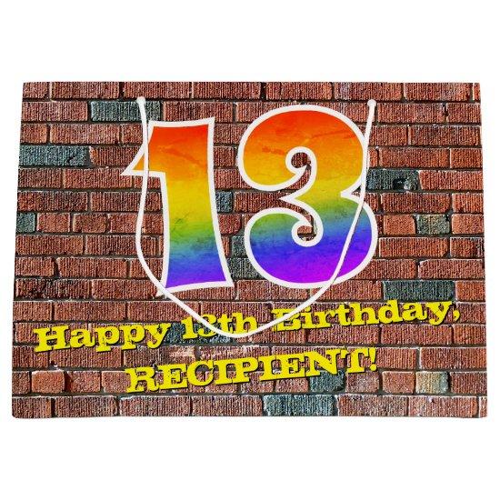 13th Birthday: Fun, Graffiti-Inspired Rainbow # 13 Large Gift Bag