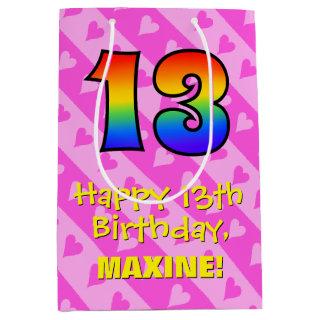 13th Birthday: Fun Pink Hearts Stripes; Rainbow 13 Medium Gift Bag
