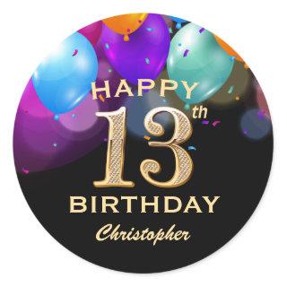 13th Birthday Party Black and Gold Balloons Classic Round Sticker