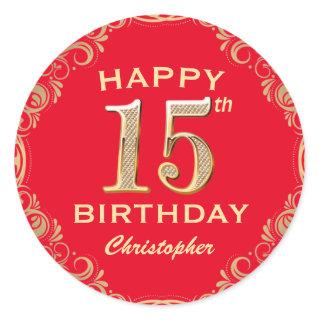 15th Birthday Party Red and Gold Glitter Frame Classic Round Sticker