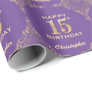 15th Birthday Purple and Gold Glitter Frame