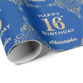 16th Birthday Blue and Gold Glitter Frame