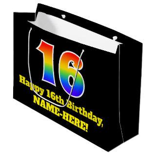 16th Birthday ~ Fun, Colorful, Vibrant, Rainbow 16 Large Gift Bag