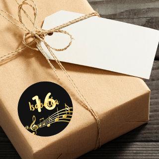 16th birthday gold music notes on elegant black classic round sticker