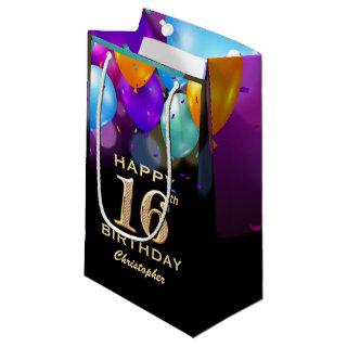 16th Birthday Party Black and Gold Balloons Small Gift Bag