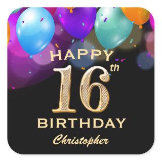 16th Birthday Party Black and Gold Balloons Square Sticker