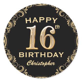 16th Birthday Party Black and Gold Glitter Frame Classic Round Sticker