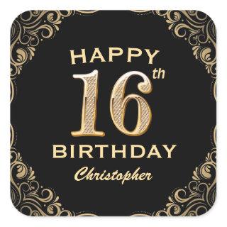 16th Birthday Party Black and Gold Glitter Frame Square Sticker