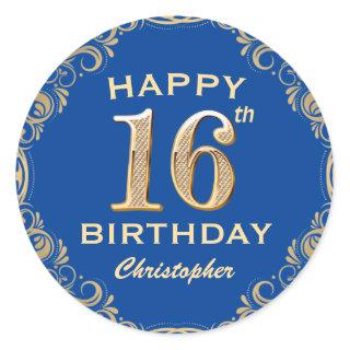 16th Birthday Party Blue and Gold Glitter Frame Classic Round Sticker