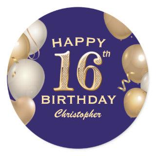 16th Birthday Party Navy Blue and Gold Balloons Classic Round Sticker