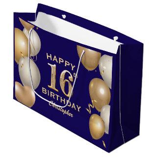 16th Birthday Party Navy Blue and Gold Balloons Large Gift Bag