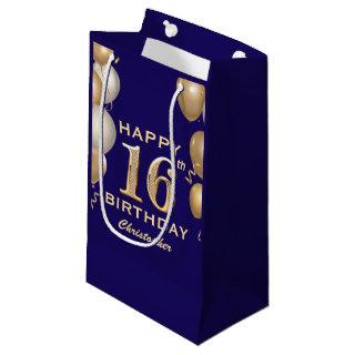 16th Birthday Party Navy Blue and Gold Balloons Small Gift Bag
