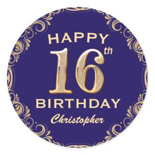 16th Birthday Party Navy Blue and Gold Glitter Classic Round Sticker