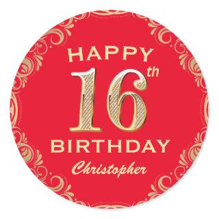 16th Birthday Party Red and Gold Glitter Frame Classic Round Sticker