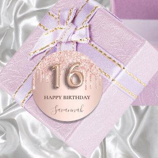 16th birthday rose gold glitter pink balloon style classic round sticker
