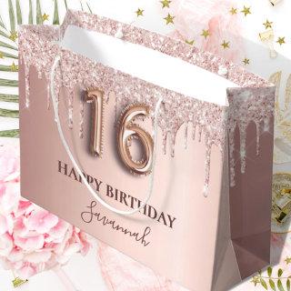 16th birthday rose gold glitter pink balloon style large gift bag