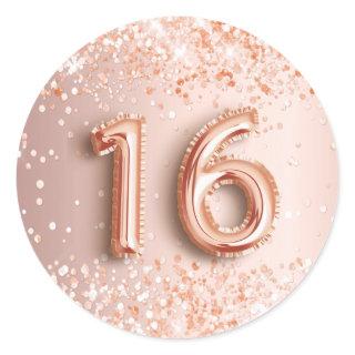 16th birthday sweet 16 blush rose gold glitter classic round sticker