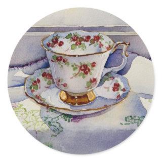 1799 Teacup on Linen Classic Round Sticker