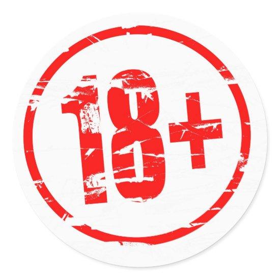 18+ red rubber stamp effect classic round sticker