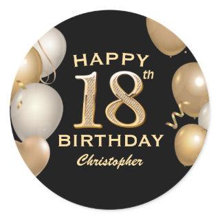 18th Birthday Party Black and Gold Balloons Classic Round Sticker