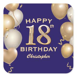 18th Birthday Party Navy Blue and Gold Balloons Square Sticker