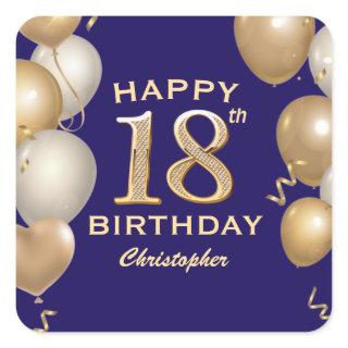 18th Birthday Party Navy Blue and Gold Balloons Square Sticker