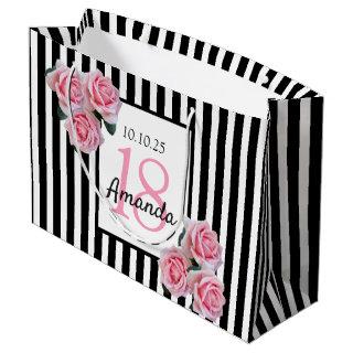 18th birthday pink florals black white stripes large gift bag