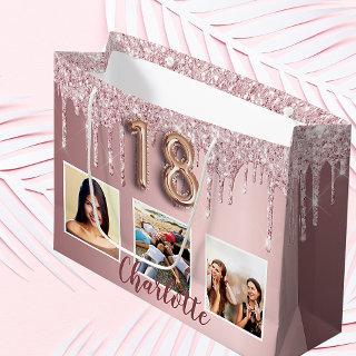 18th birthday pink glitter drips photo monogram large gift bag