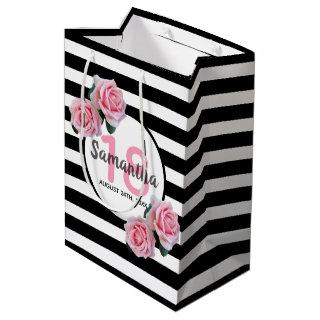 18th birthday pink roses black white stripes medium gift bag