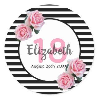 18th birthday pink roses on black white stripes classic round sticker