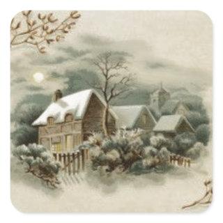 1900s Vintage Winter Cabin Scene Square Sticker